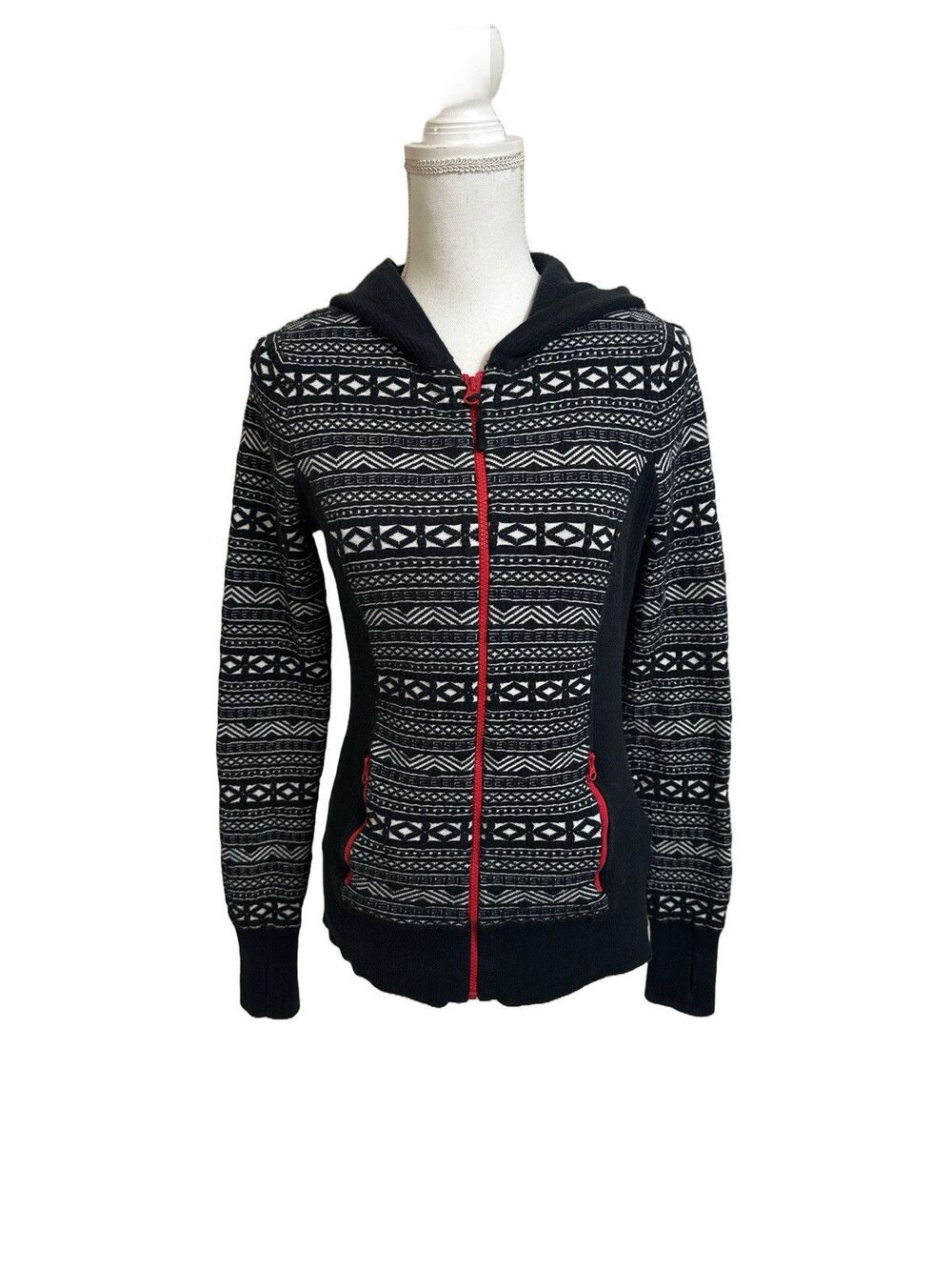 Skyr Women's M Black & White Hooded Full Zip Sweater Cotton Blend Medium